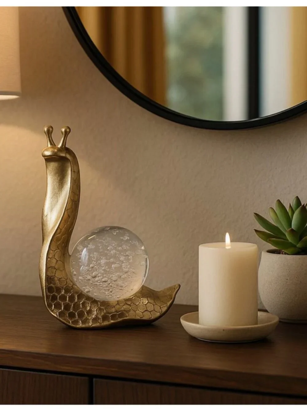 Decorative Statue – Gold Resin Snail with Glass Globe, 8 in